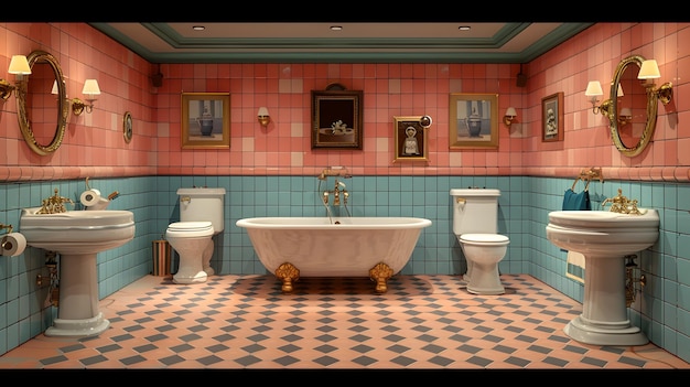 Salle de bain avec des murs en carreaux roses et bleus, un appareil de baignoire et un sol en bois dur