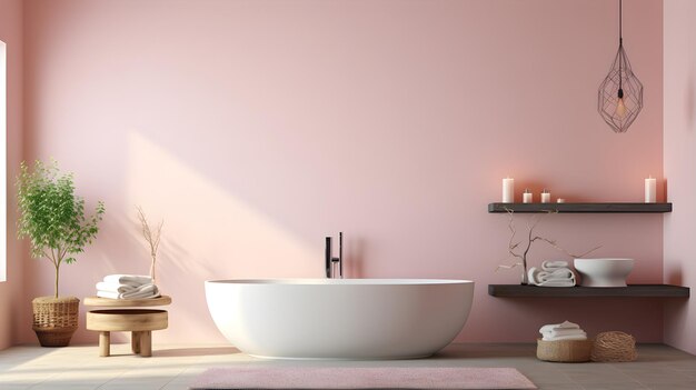 une salle de bain avec des murs roses et une baignoire blanche intérieur méditerranéen salle de bains avec pastel rose