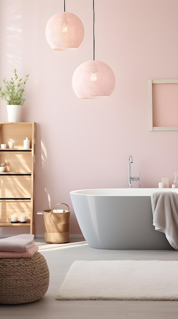 une salle de bain avec des murs roses et une baignoire blanche intérieur scandinave salle de bains avec couleur rose pastel