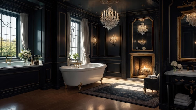 Une salle de bain noire avec une cheminée et un lustre.