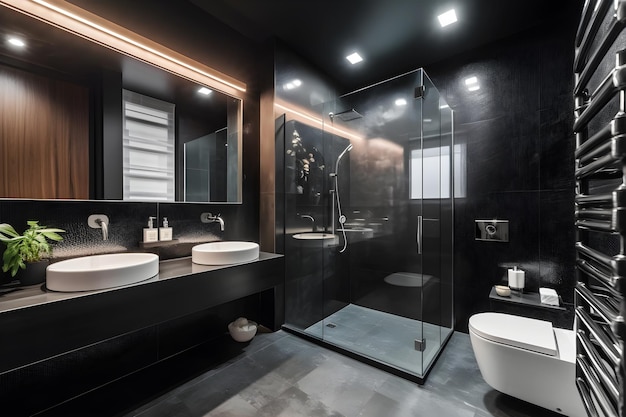 Une salle de bain noire avec une douche et des toilettes avec une porte vitrée qui dit "le mot" dessus.