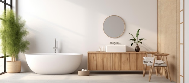 une salle de bain panoramique avec murs blancs et mosaïque sol carrelé baignoire confortable lavabo blanc avec meuble en bois et miroir