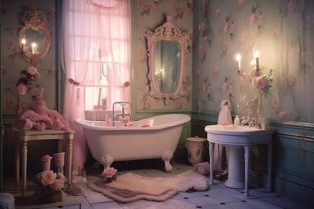 Une salle de bain avec un papier peint rose et une baignoire blanche avec un miroir qui dit " love ".