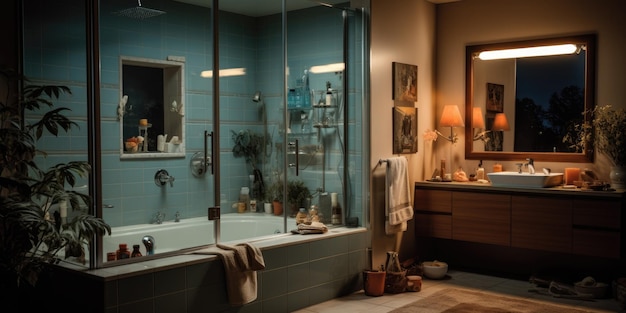 Une salle de bain personnelle et élégante avec une texture ambre et un effet d'éclairage d'heure bleue AI Generative