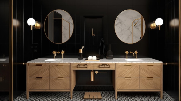 Salle de bain principale spacieuse dans un style classique moderne avec deux lavabos murs noirs grande ca en bois précieux