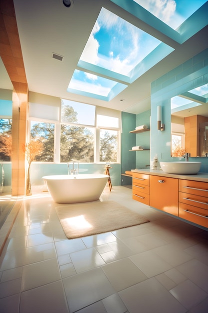 Photo une salle de bain avec un puit de lumière et une baignoire avec une fenêtre qui dit puits de lumière.