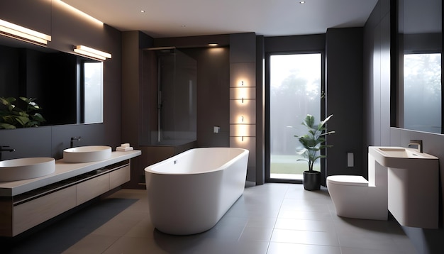 Une salle de bain réaliste avec baignoire et toilette dans une maison moderne