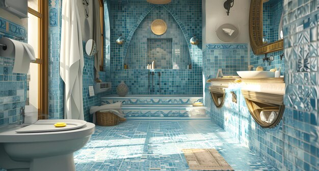 Photo une salle de bain remplie de carreaux de mosaïque bleus et blancs