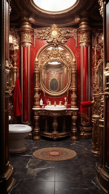 une salle de bain avec un rideau rouge et une toilette