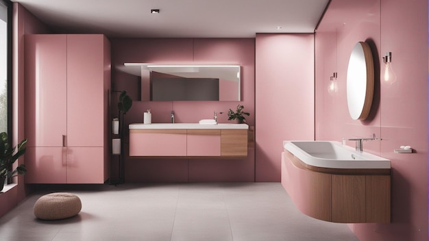 une salle de bain rose avec baignoire et lavabo