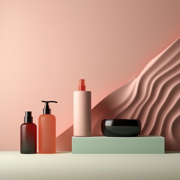 une salle de bain rose avec une bouteille de vernis à ongles rose et orange.