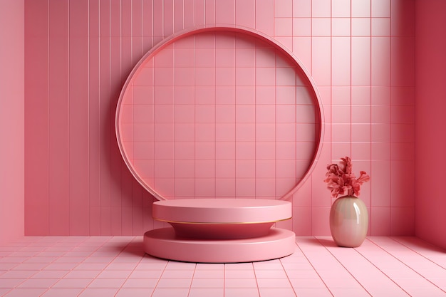 Une salle de bain rose avec un support rond et un vase avec des fleurs.