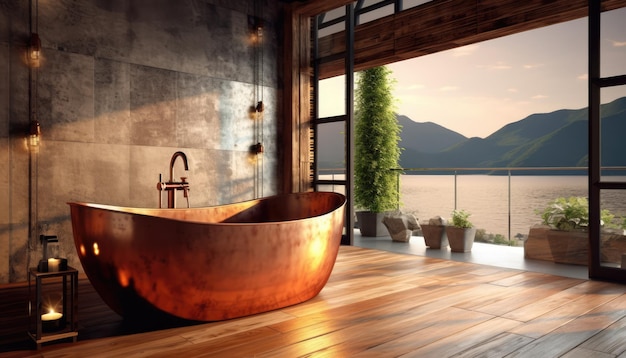 salle de bain rustique ornée d'une magnifique baignoire autoportante en cuivre