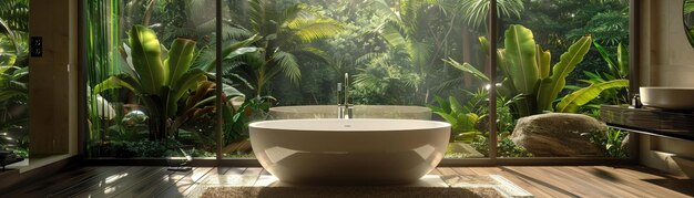 Une salle de bain sereine et luxueuse avec une baignoire indépendante surplombant un paysage de jungle luxuriante