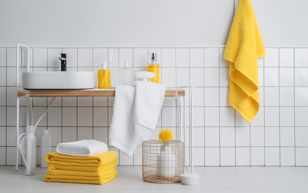 Une salle de bain avec des serviettes jaunes et une serviette jaune sur le comptoir.