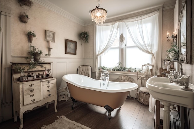 Salle de bain shabby chic avec baignoire sur pattes et vanité antique