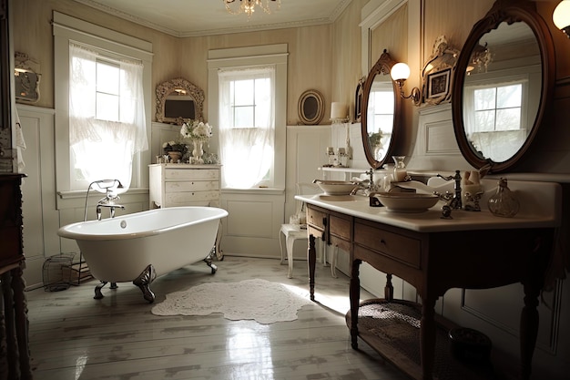 Salle de bain shabby chic avec baignoire sur pattes et vanité antique