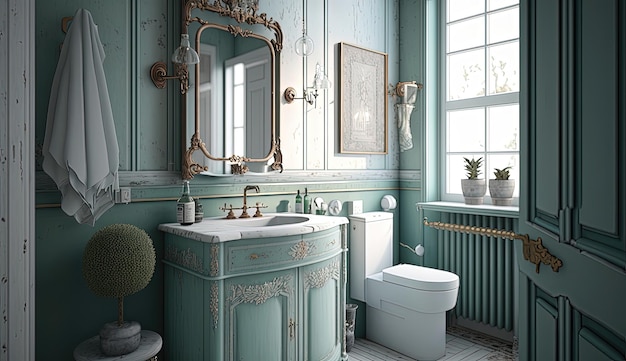 Cette salle de bain Shabby Chic présente un mélange d'éléments vintage et rustiques, y compris une baignoire sur pattes. Généré par AI