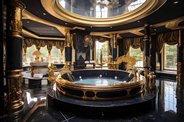 Photo une salle de bain somptueuse avec des appareils en feuilles d'or et un jacuzzi