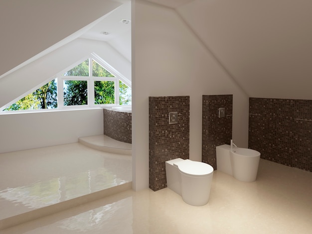 Salle de bain de style contemporain aux couleurs marron et blanc. rendu 3D.