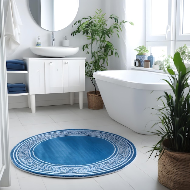 Une salle de bain avec un tapis bleu et une plante au sol.