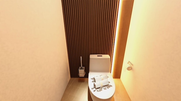 Une salle de bain avec toilettes et un mur en bois derrière.