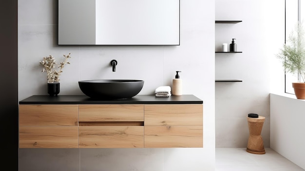 Une salle de bain avec une vanité noire et un lavabo noir.