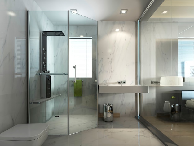 Salle de bain en verre transparent avec douche et WC de style contemporain contemporain. rendu 3D.