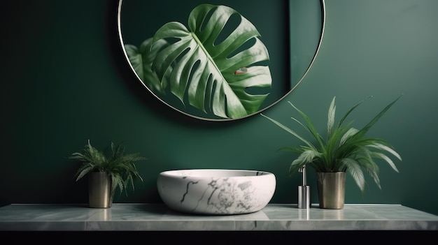 Une salle de bain verte avec un miroir et une plante au mur.