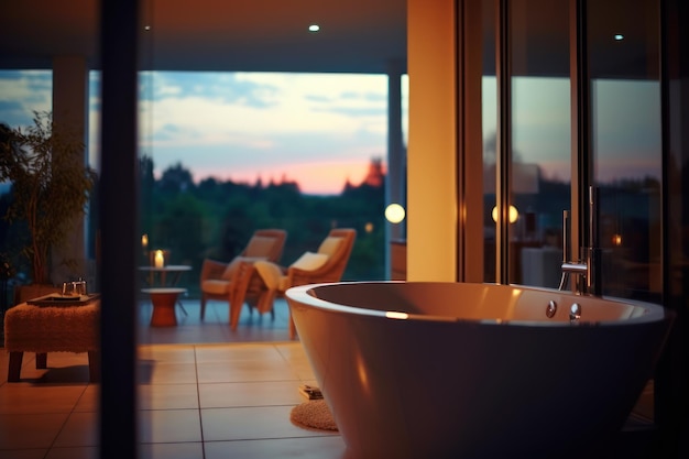 Une salle de bain avec vue sur le coucher de soleil