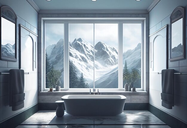 Une salle de bain avec vue sur une montagne et une baignoire