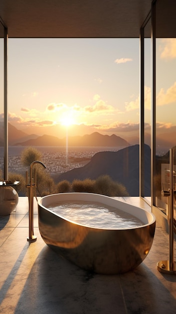 Une salle de bain avec vue sur les montagnes et le coucher du soleil.