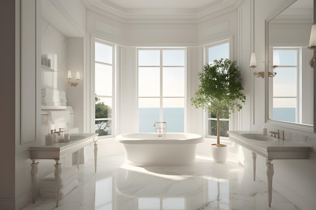 salle de bain avec vue sur la nature La chambre a un sol en carreaux blancs et des murs en marbre blanc De grandes fenêtres
