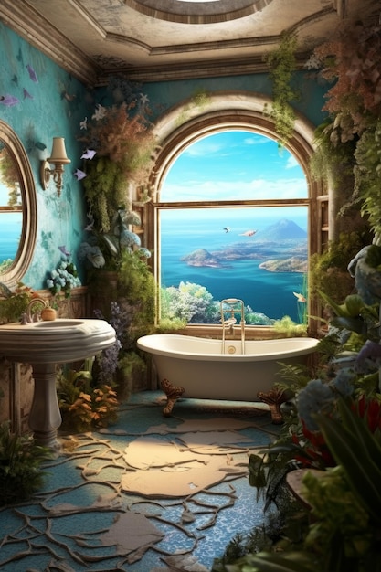 Une salle de bain avec vue sur l'océan