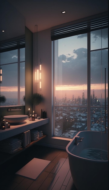 Une salle de bain avec vue sur une ville et une baignoire.