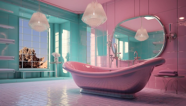 Photo la salle de bains avec baignoire en miroir a un plafond rose et un luminaire dans le style de cristina mcallister