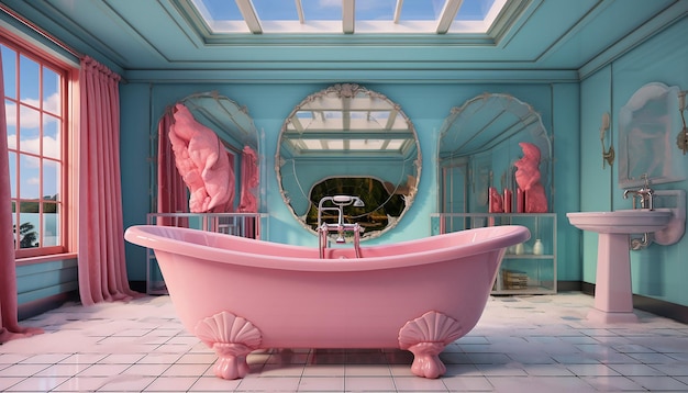 La salle de bains avec baignoire en miroir a un plafond rose et un luminaire dans le style de Cristina Mcallister
