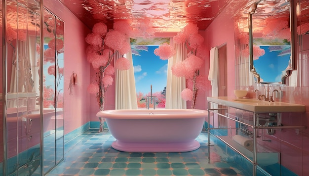 Photo la salle de bains avec baignoire en miroir a un plafond rose et un luminaire dans le style de cristina mcallister