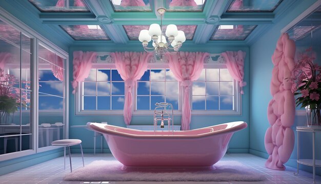 Photo la salle de bains avec baignoire en miroir a un plafond rose et un luminaire dans le style de cristina mcallister