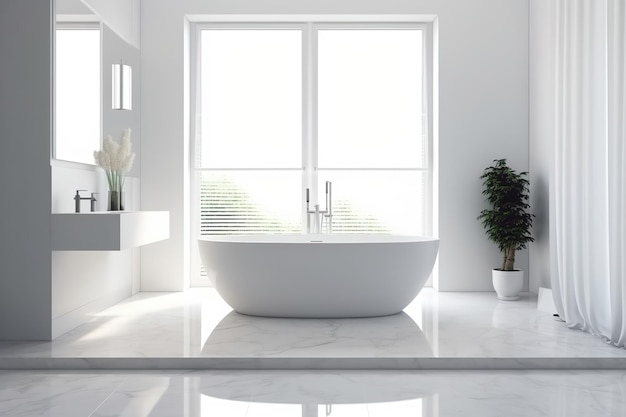 Salle de bains de luxe avec fenêtres Grande baignoire moderne et carreaux de marbre AI