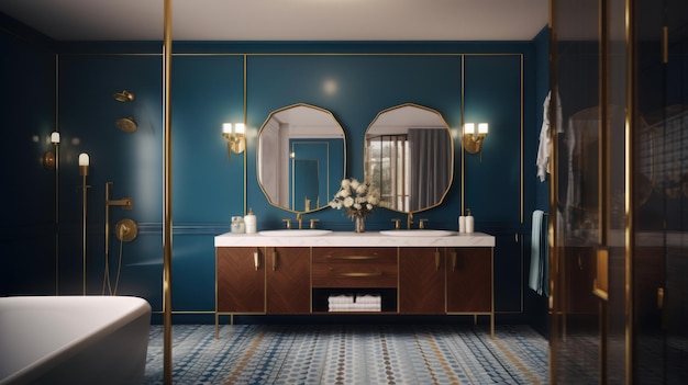 Salle de bains luxueuse dans un style art déco classique, murs bleu foncé, lavabos en marbre, miroirs dorés, goldpla