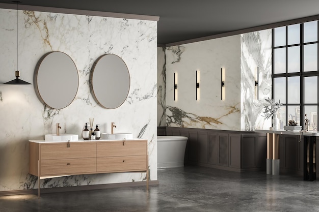 Une salle de bains luxueuse avec un meuble-lavabo à double lavabo, des murs en marbre, un sol en béton, des accessoires de salle de bain et une baignoire de luxe blanche rendu 3d