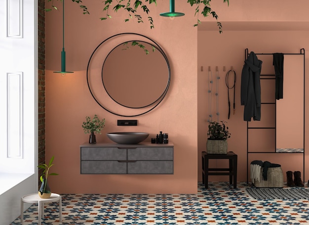 Salle de bains minimaliste avec fond de mur orange dans une maison moderne, design intérieur minimal de cosy