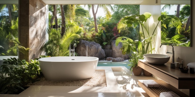 Salle de bains moderne avec vue sur les palmiers et les tropiques Photo de haute qualité IA générative