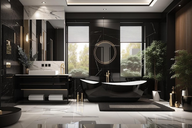 Photo salle de bains noire moderne de rendu 3d avec décor de carrelage de luxe