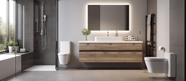 Photo salle de bains résidentielle moderne avec lavabo, toilettes et douche