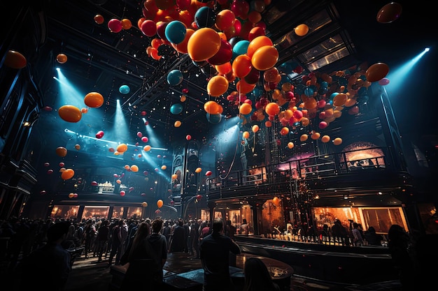 Salle de bal animée avec piste de danse de ballons et scène éclairée IA générative