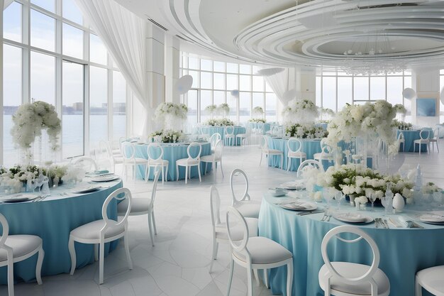 La salle de bal blanche décorée pour une salle de réception de mariage