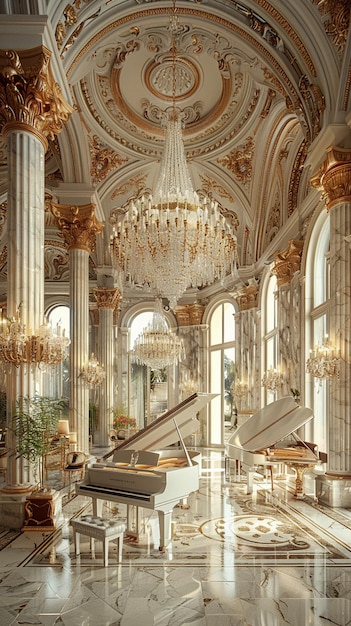 Photo la salle de bal de gatsbyera avec des lustres en cristal et un piano à queue