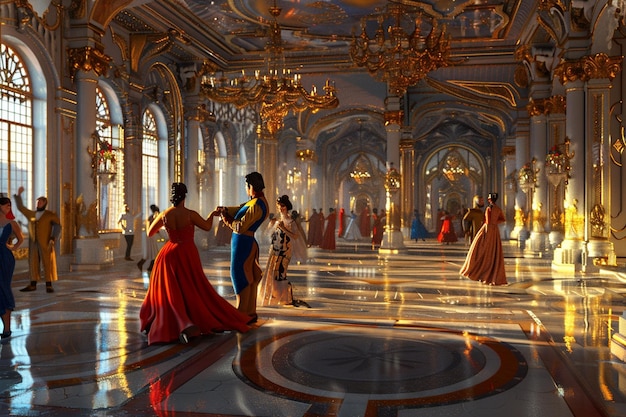 Salle de bal inspirée de la Renaissance avec des couples divers